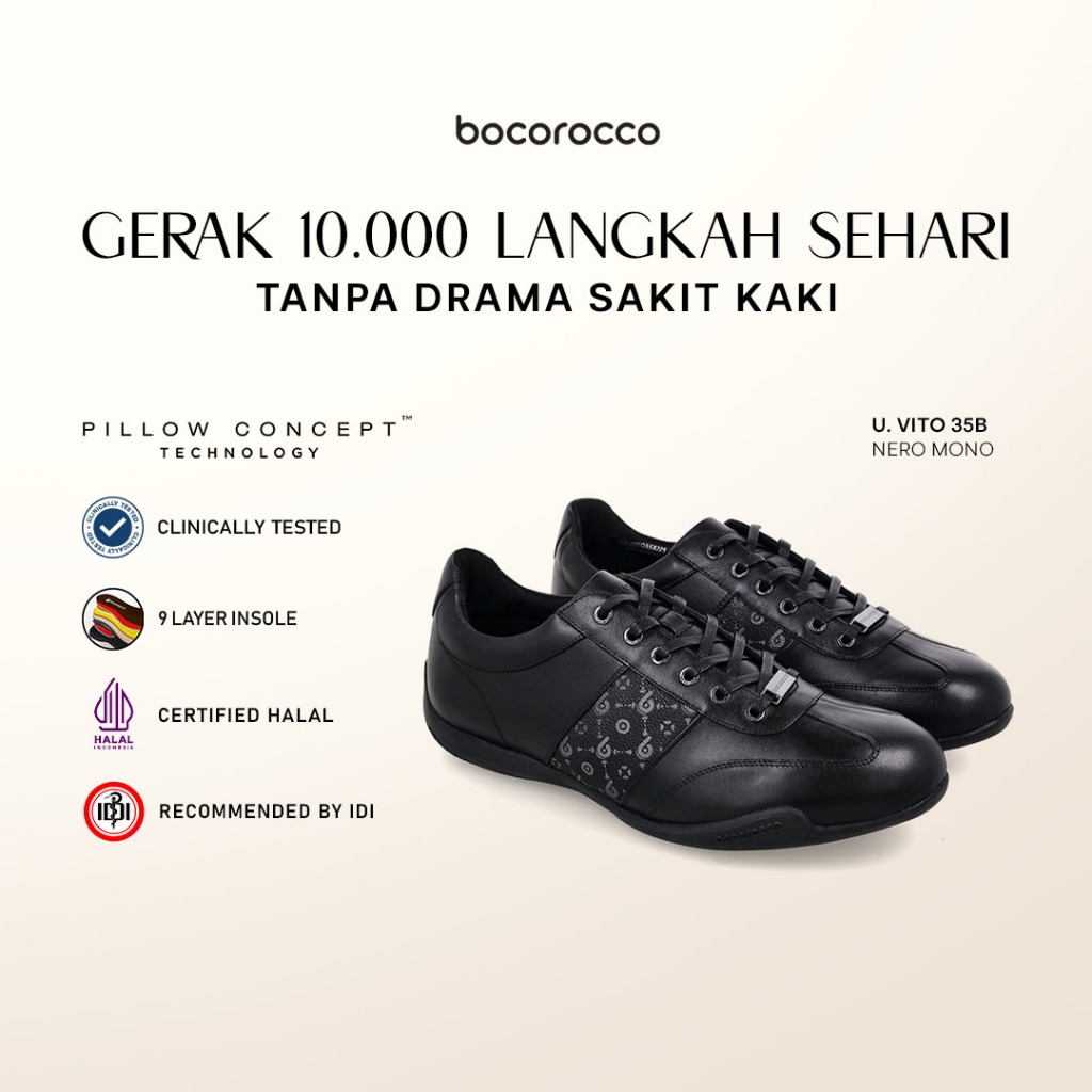 Bocorocco U. Vito 35B Nero Mono - Sepatu Sneakers Pria.Kulit Asli - Nyaman & Halal