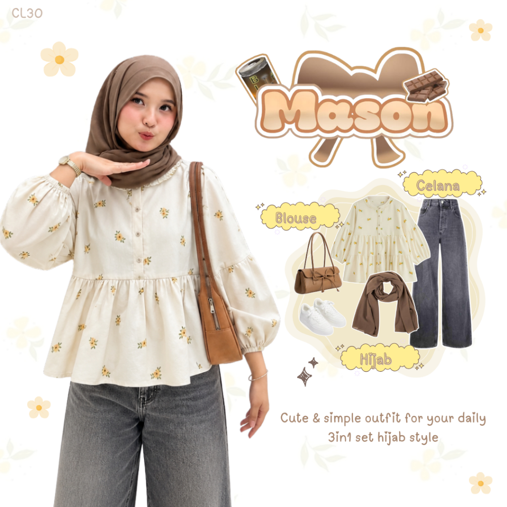 One Set 3in1 Remaja Kekinian - Hijab - Blouse - Jeans - Set Korean Style OOTD Remaja Hangout - CL31