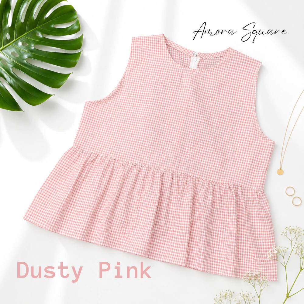 AMORA VEST INNER PEPLUM TOP INNER CARDIGAN STRIPE, LINE, TARTAN / BLOUSE GINGHAM TANPA LENGAN / ATAS