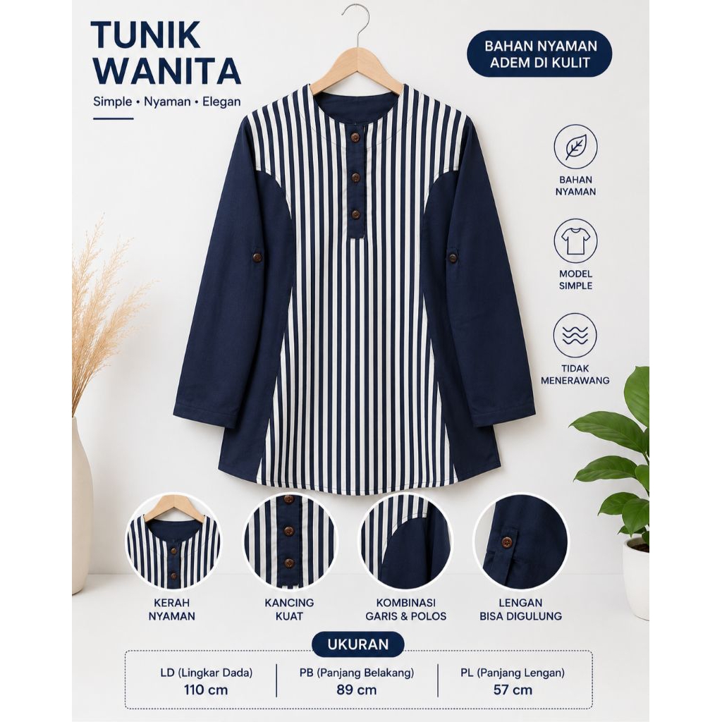 Atasan Tunik Wanita Polos Kombinasi  Motif | Tunic Muslim Jumbo LD 110 Kekinian