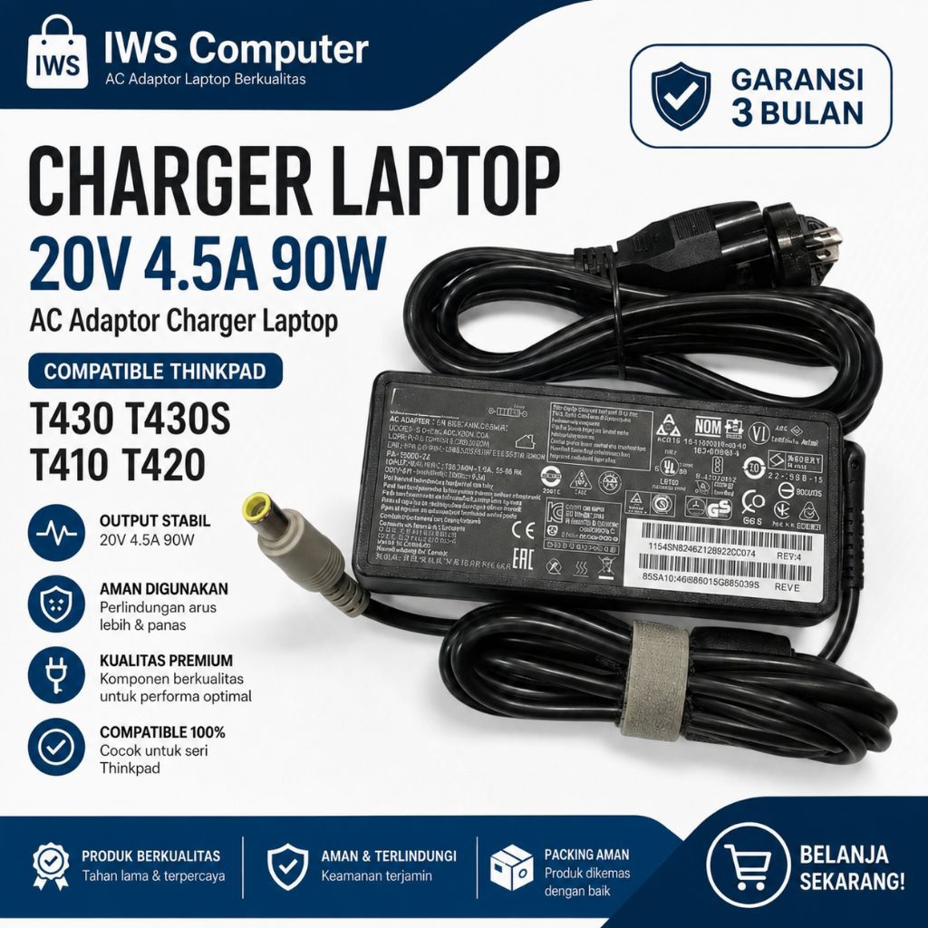 Charger Lenovo ThinkPad 90W Jarum Kuning Untuk T430 T430S T410 T420