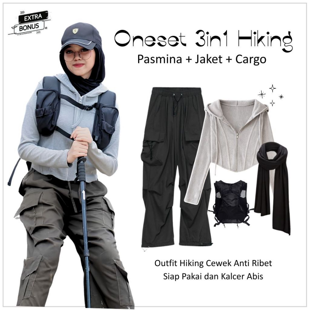 Setelan One set 3in1 jaket baselayer celana cargo pasmina OOTD outfit cewek hiking tracking gunung o