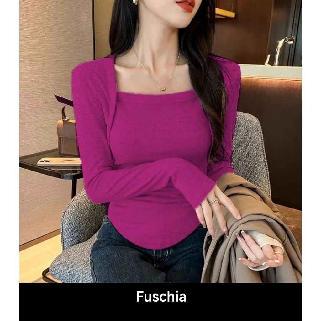crop top korea sguare neck oval top lengan panjang kaos crop top lengan panjang korean style