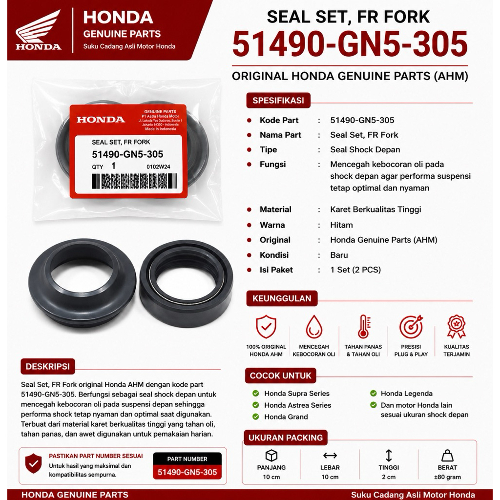 Seal Set Front Fork Original Honda 51490-GN5-305 Seal Shock Depan