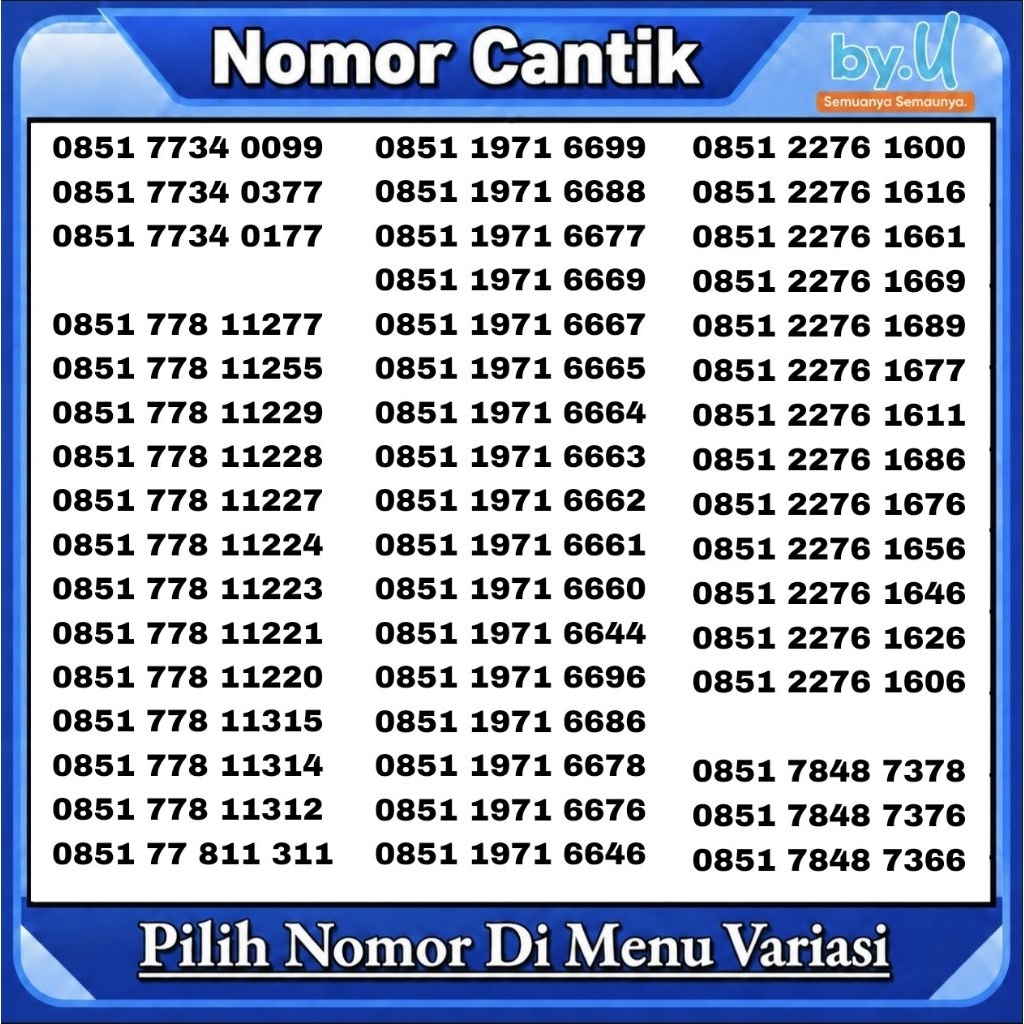 Kartu Perdana By.U Nomor Cantik - Pilih Nomor Masa aktif Selamanya
