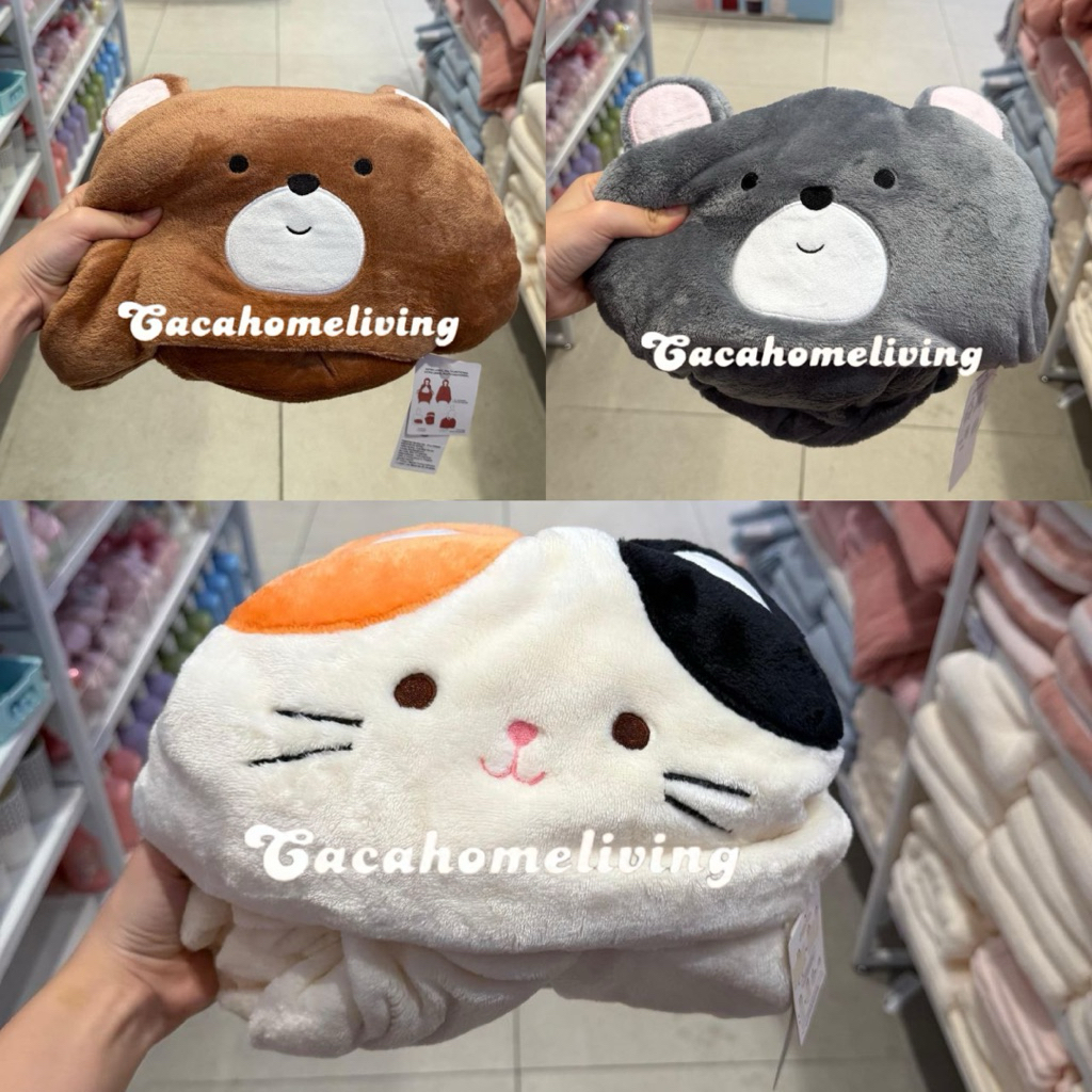 Miniso - Hooded Blanket / Balmut / Bantal Selimut Animal Cute Bear & Cat Collection (140x90cm) Bear 