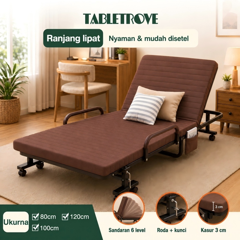 TABLETROVE Ranjang Lipat Besi Tempat Tidur Lipat Portable Dengan Roda Sandaran 6 Level Kasur 3cm Hem