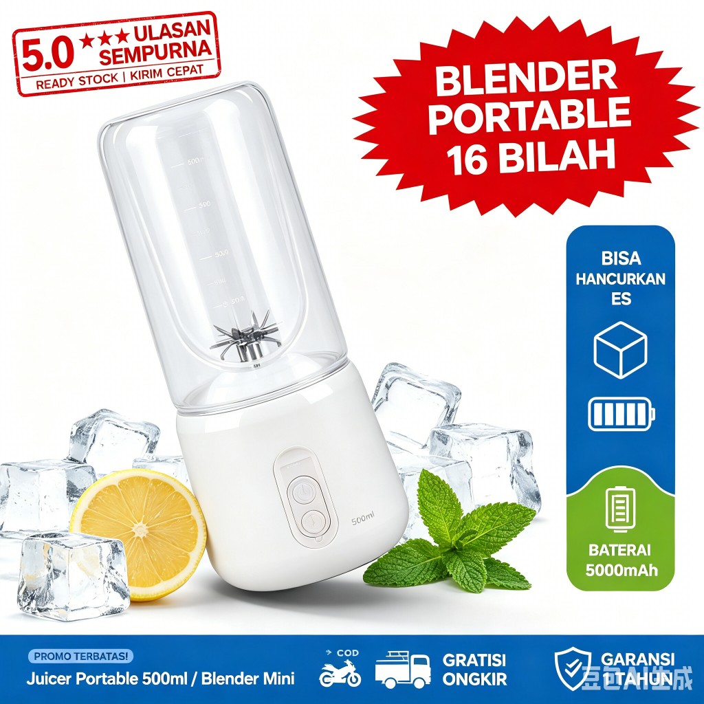 Asli Juice Blender Portable Jus Belender Buah 16 Pisau Mini Juicer Ice Crushing 5000mah Rechargeable
