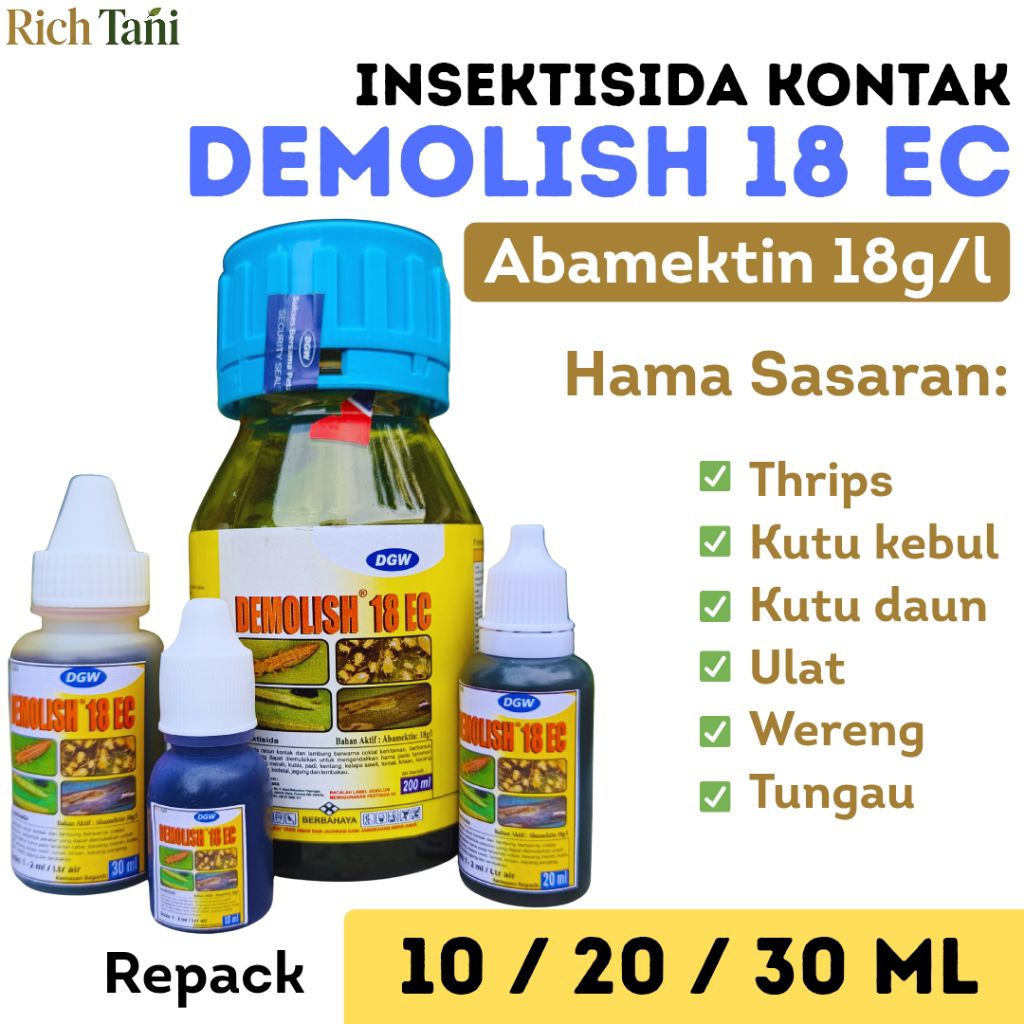 Insektisida DEMOLISH 18 EC Abamektin - Obat Keriting Daun Cabe Thrips Tungau Repack 10ml 20ml 30ml