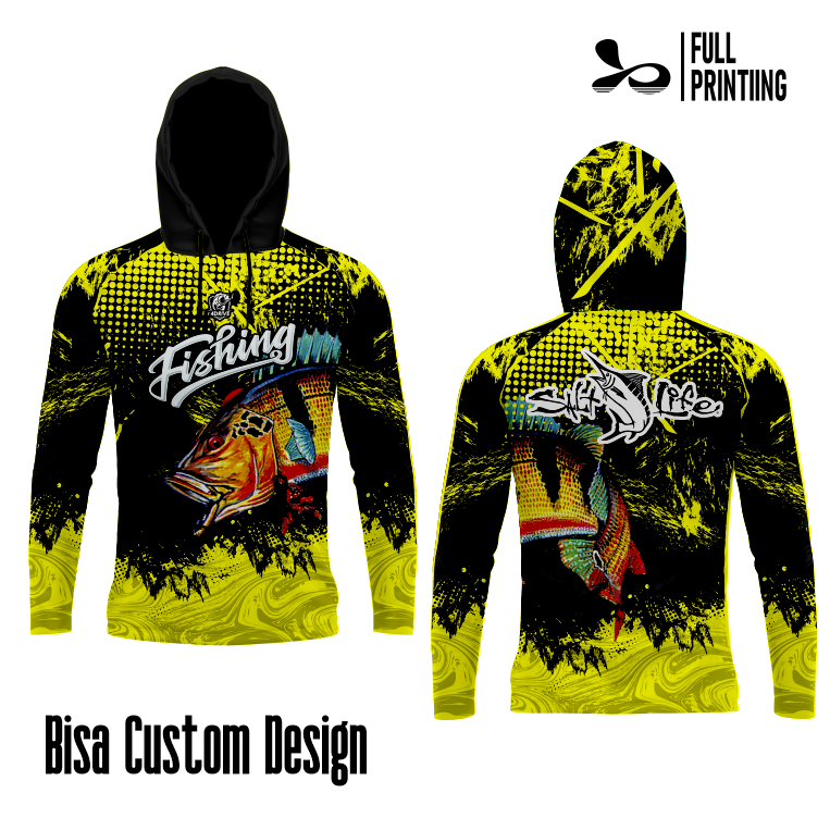 JERSEY Baju Jersey Mancing Custom Desain Lengan Panjang/Hoodie Mancing Lengan Panjang Yellow Fishing