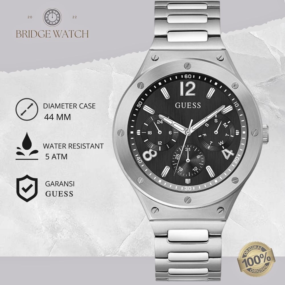 Jam Tangan Pria Guess GW0454G1 Scope Chronograph Black Dial Silver Stainless Steel Strap Rantai Mewa