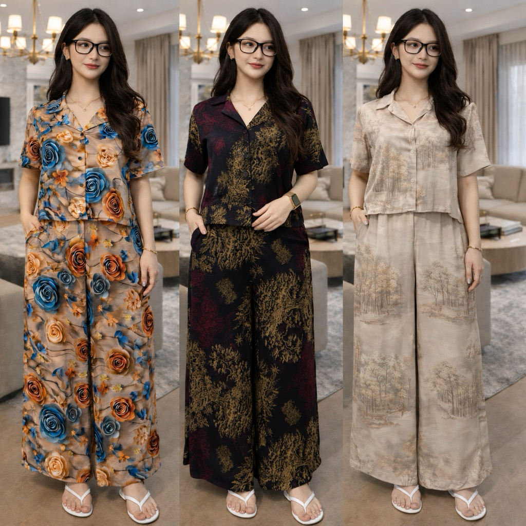 One Set Crop Setelan Celana Kulot Bunga-Bunga Rayon