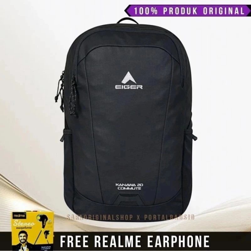 NEW PROMO Tas Ransel Eiger Kanawa 20 Commute Hitam Dengan Tas Samping Dan Free Realme Earphone
