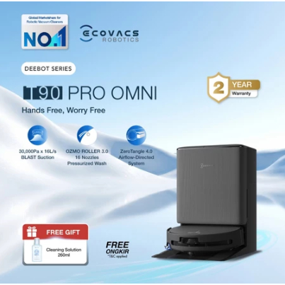 Ecovacs DEEBOT T90 PRO OMNI Robot Vacuum | Pel Otomatis OZMO Roller 3.0 | Self-Cleaning | AI Smart C