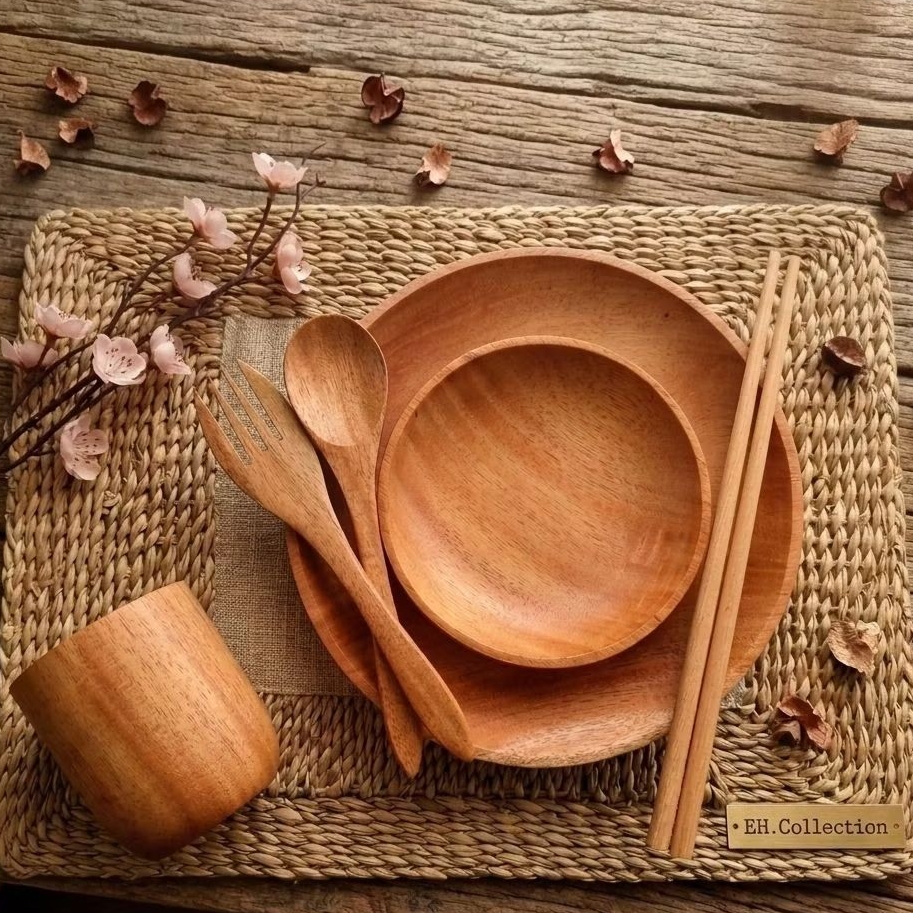 paket piring makan kayu mahoni/set alat makan aesthetic