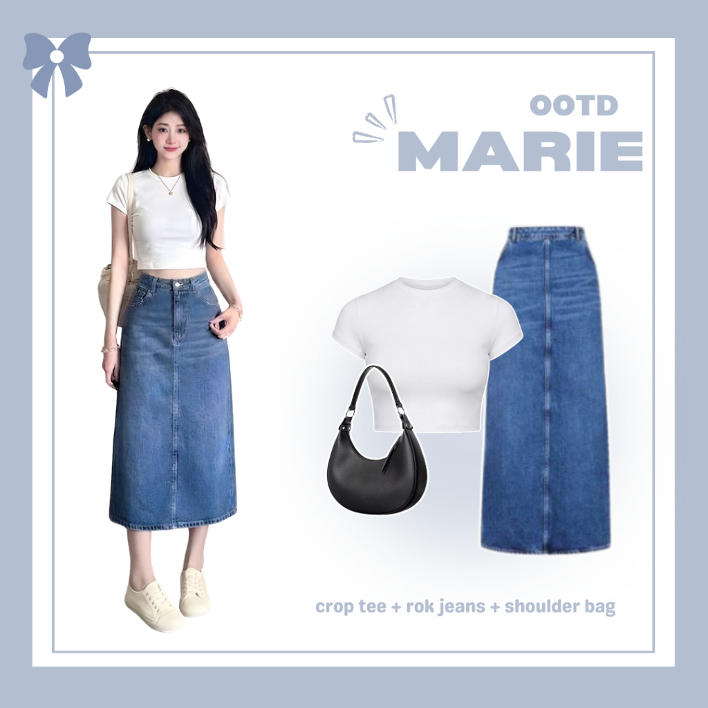OOTD 3in1 Set [ Crop Tee + Rok Jeans + Shoulder Bag ] Setelan Wanita Elegant Korean Style Kekinian M