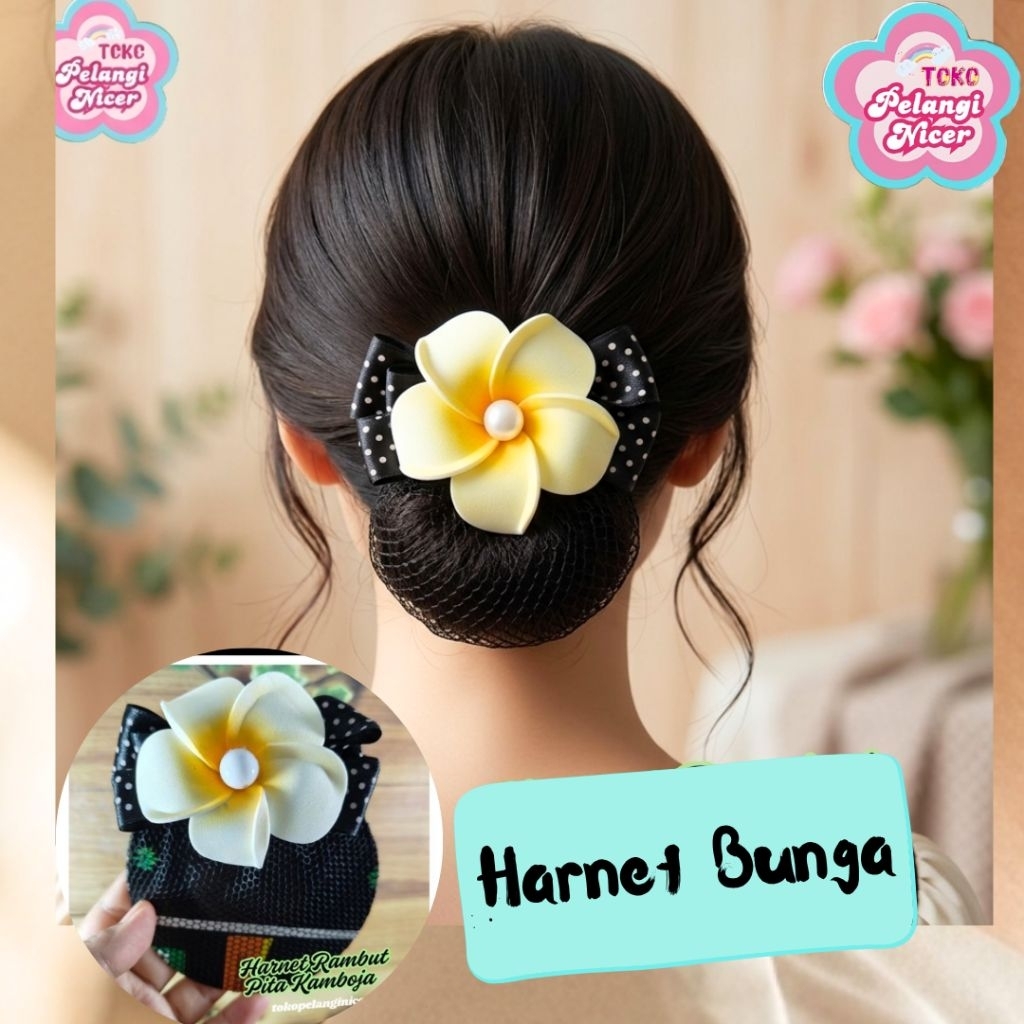 Jepit rambut harnet pita polkadot bunga kamboja- Kep rambut Hairnet kamboja-Jepit Korea Pita Bunga K