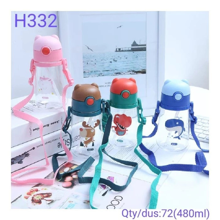 Botol Minum Kepala Beruang Lucu Karakter Anak Tali Sedotan Lentur H332
