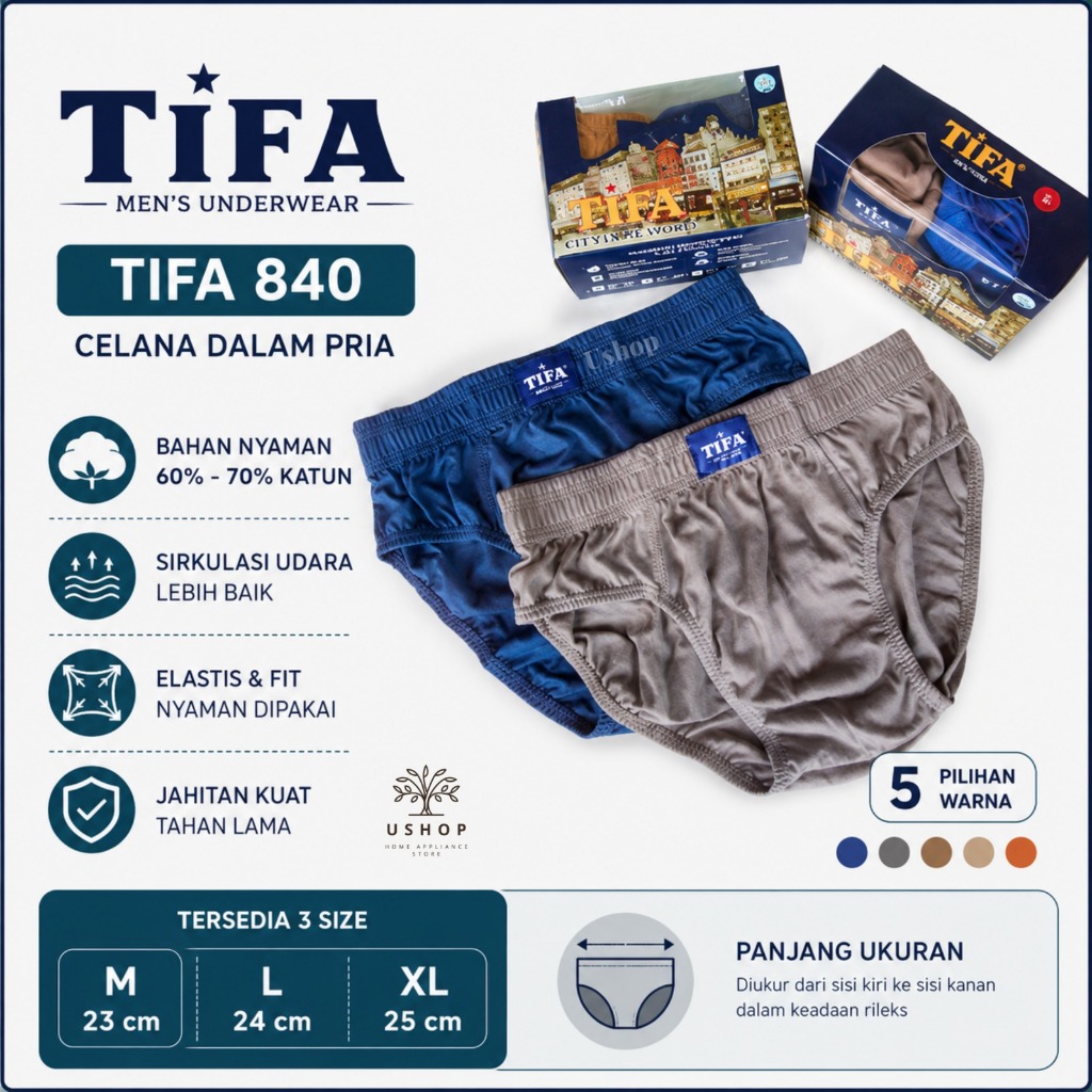 1 BOX isi 3 CD - TIFA Celana Dalam pria / Cowok - TIFA 840 katun SIZE M L XL murah nyaman USHOP