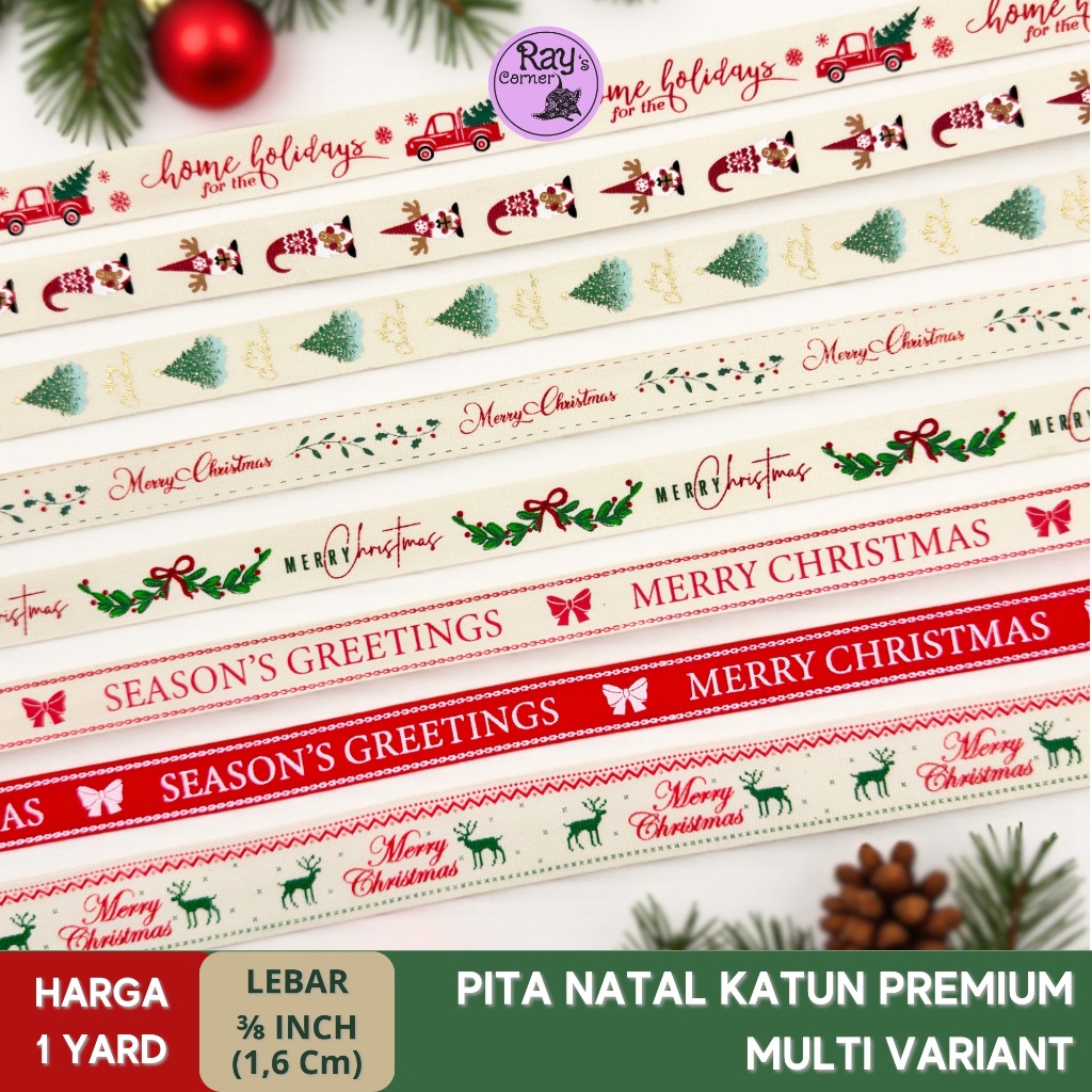 1 YARD | Pita Natal Kain Katun Premium Merry Christmas 1,6 Cm 3/8 Inch Hias Rumah Kado Pohon Hampers