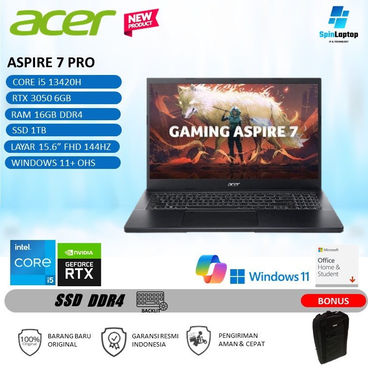 LAPTOP ACER ASPIRE 7 PRO A715 59G.516G RTX 3050 6GB| CORE i5 13420H RAM16GB 512GB  LAYAR 15.6" 144Hz