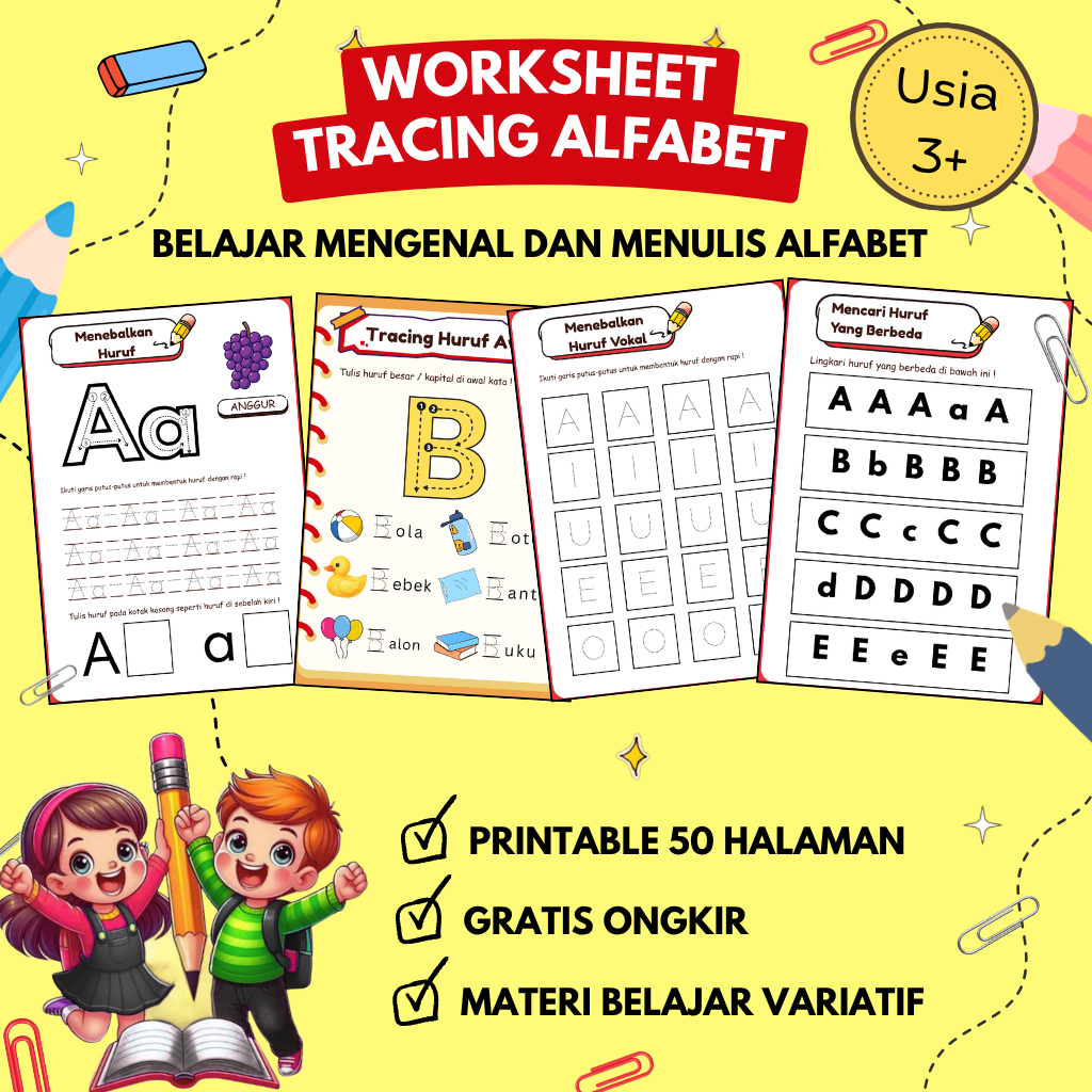[50 Lembar] Worksheet Anak 3 Tahun II Tracing Alfabet II Printable Siap Cetak 