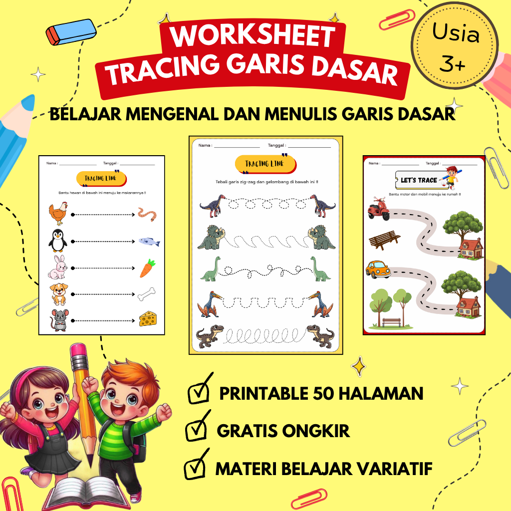 [50 Lembar] Worksheet Anak 3 Tahun II Tracing Garis Dasar II Printable Siap Cetak