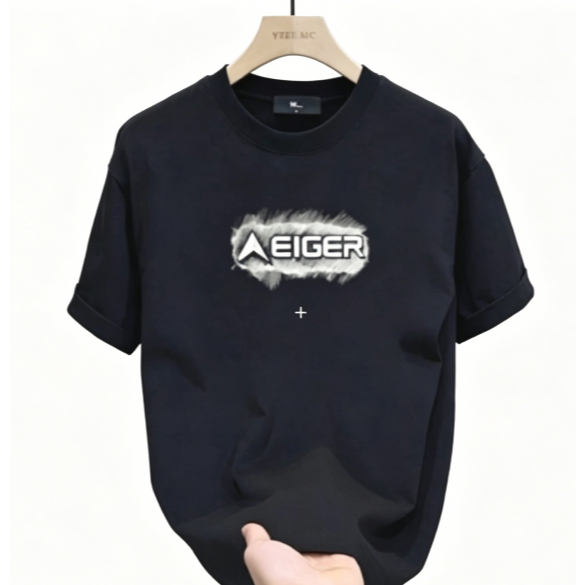 Kaos Pria Hitam Lengan Pendek Motif Eiger Desain Kasual Modern