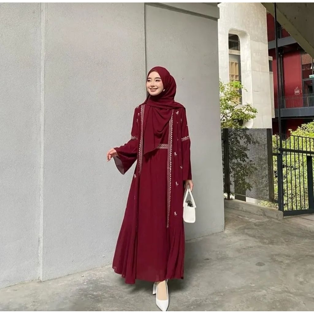 gamis merah maroon terlaris kini / model 2layer pakaian wanita remaja dewasa untuk kondangan / termu
