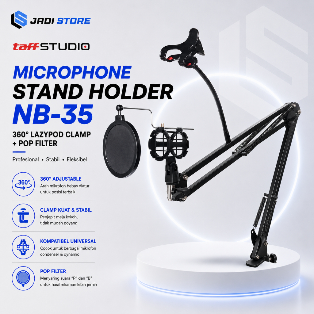 TaffSTUDIO Condenser Microphone Stand Holder 360 Lazypod Clamp + Pop Filter - NB-35 Stand Mic Meja P