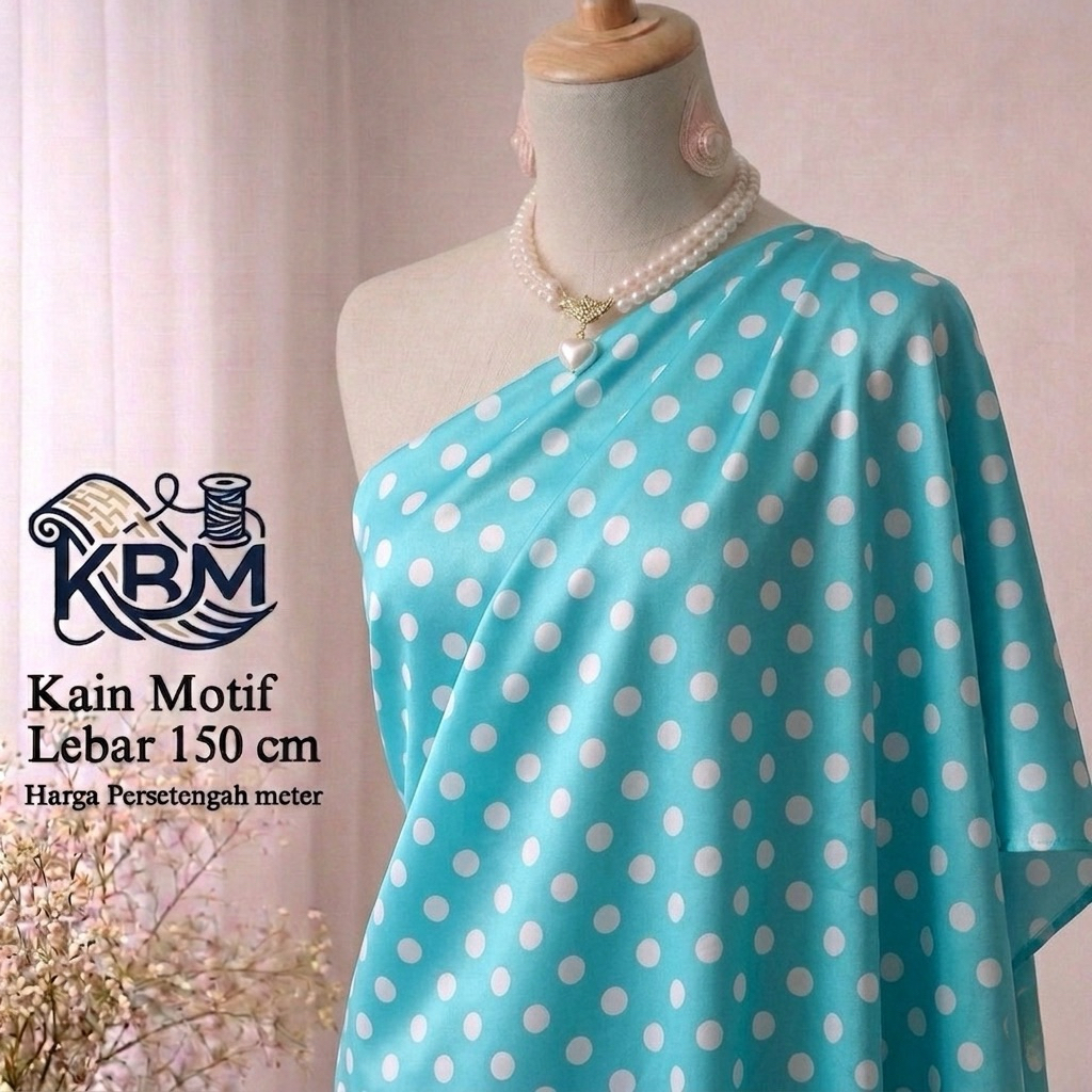 Satin Silk Polkadot Blue Mint – Kain Licin & Flowly, Cocok Hijab, Daster, Tunik sks