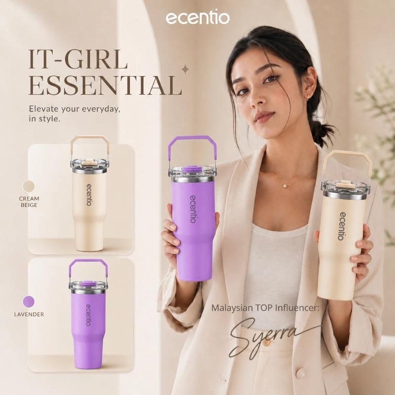 ecentio tumbler Stainless 900ml Portable aesthetic termos lucu Botol minum besar tas tumbler tahan p