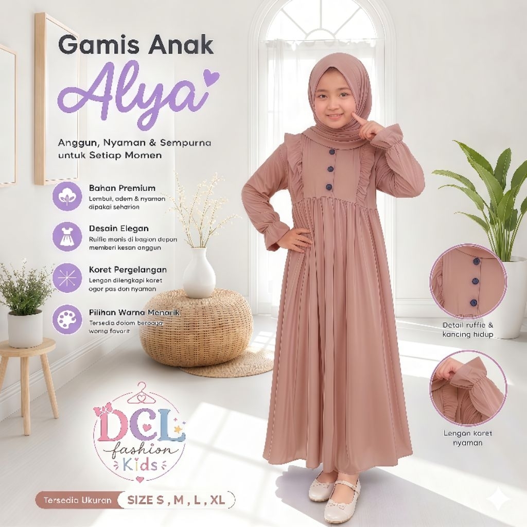 Gamis Alya Coksu - Gamis Anak Perempuan Coklat susu Premium Kancing Usia 1-12 Tahun DCL Fashion Kids