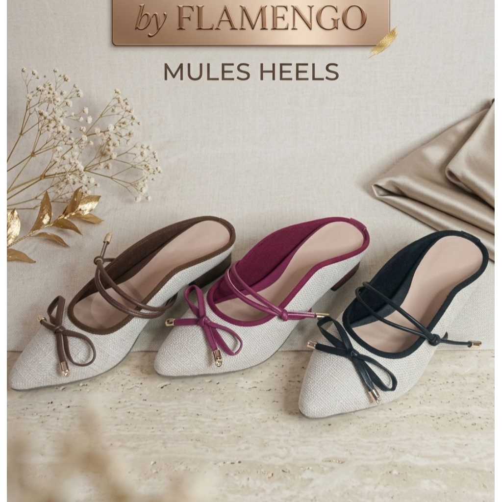 Mary Jane Flat Mules with Ribbon Accent | Sepatu Sandal Mules Kanvas Ujung Runcing dengan Aksen Pita