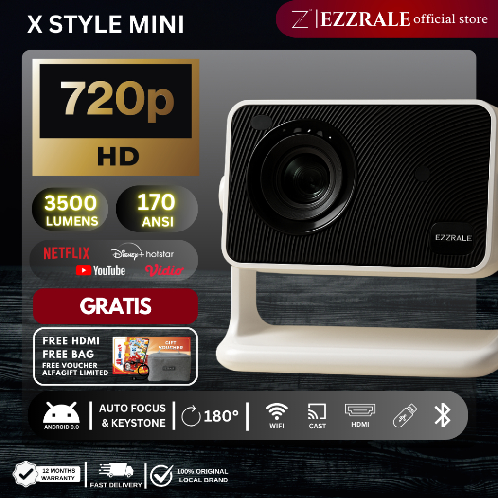 EZZRALE Smart Proyektor LCD Android 720p Mirroring Wifi | Smart Android TV Proyektor LCD X STYLE MIN
