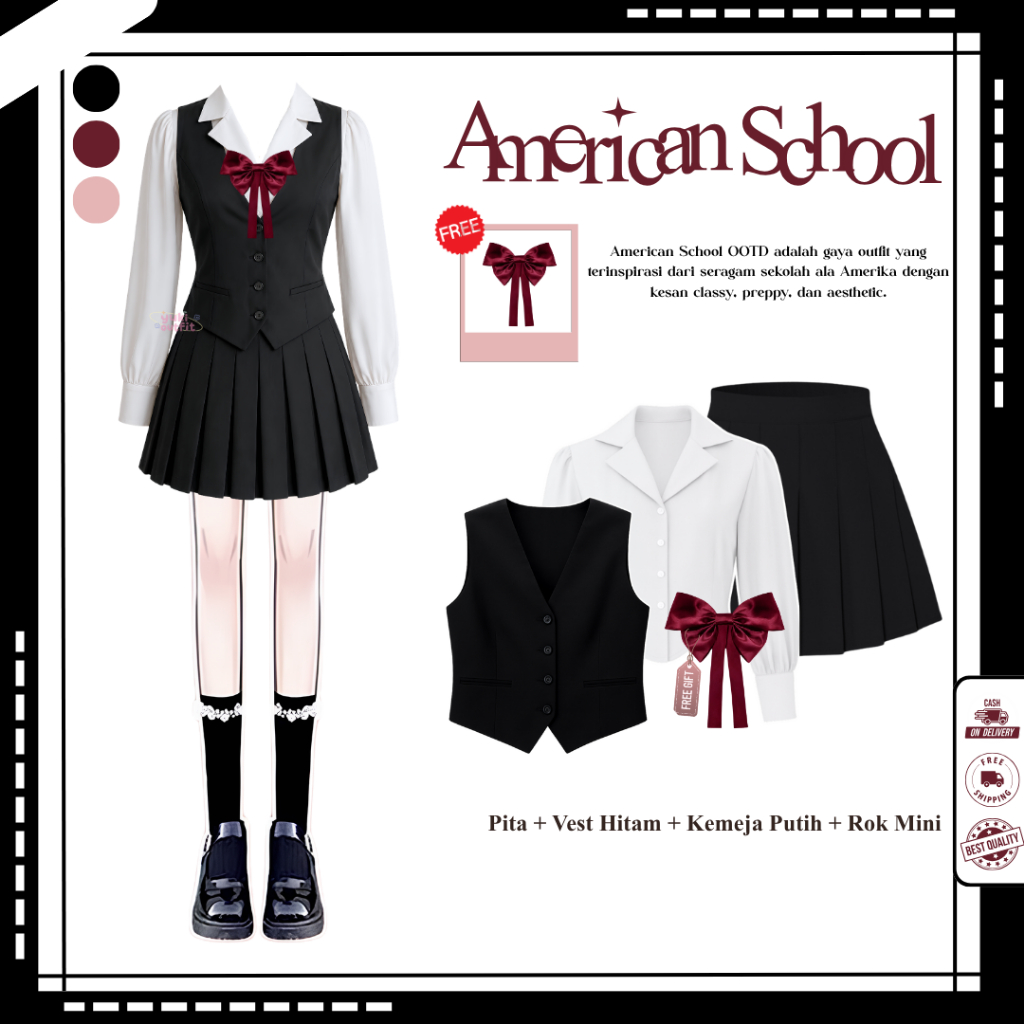 Girls' American Academy Style (Kemeja, Vest Hitam, Rok Mini) Setelan Wanita American Rok Mini - N194