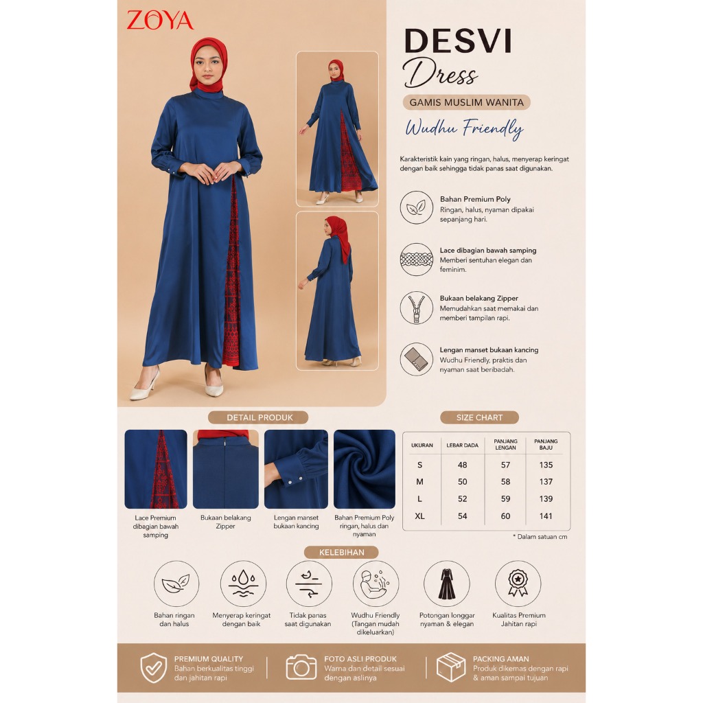 ZOYA Desvi Dress Navy - Baju Gamis Kondangan Polos Wanita Wudhu  Friendly Bahan Premium Poly