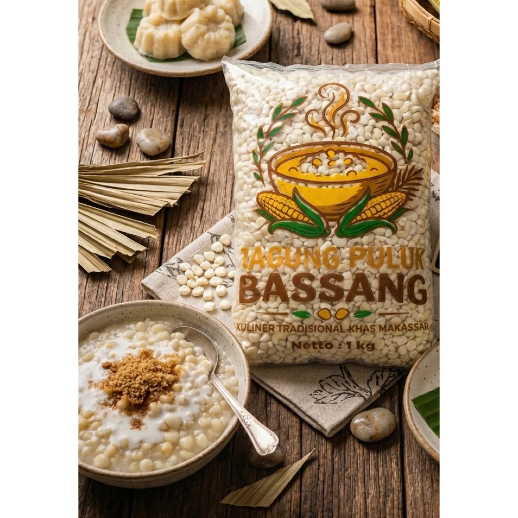 Jagung pulut putih, jagung bassang, bubur bassang, kuliner Makassar, jagung kupas, bassang instan, j