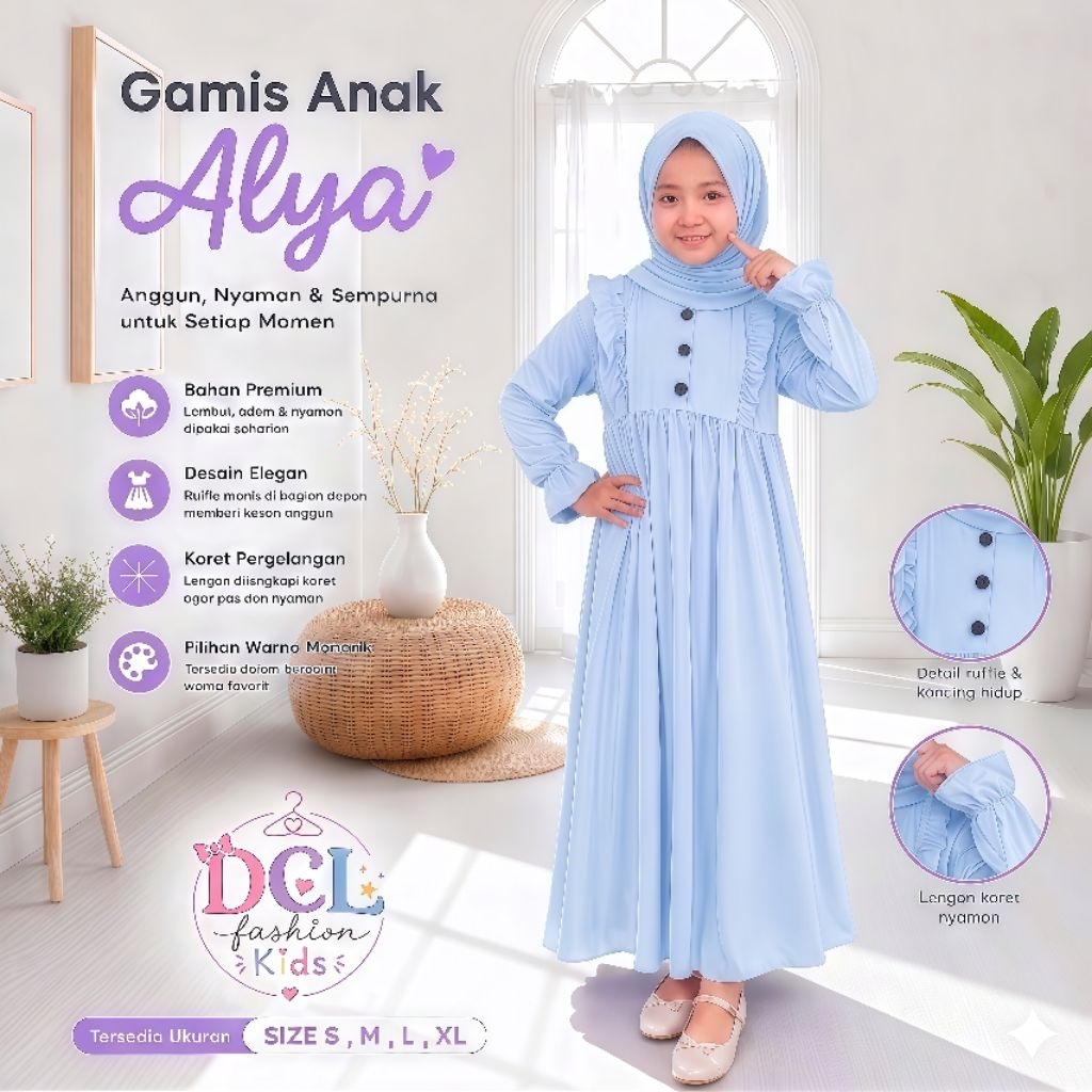 Gamis Anak Perempuan Alya - Gamis anak ruffle kancing adem bahan jersey premium biru muda light blue