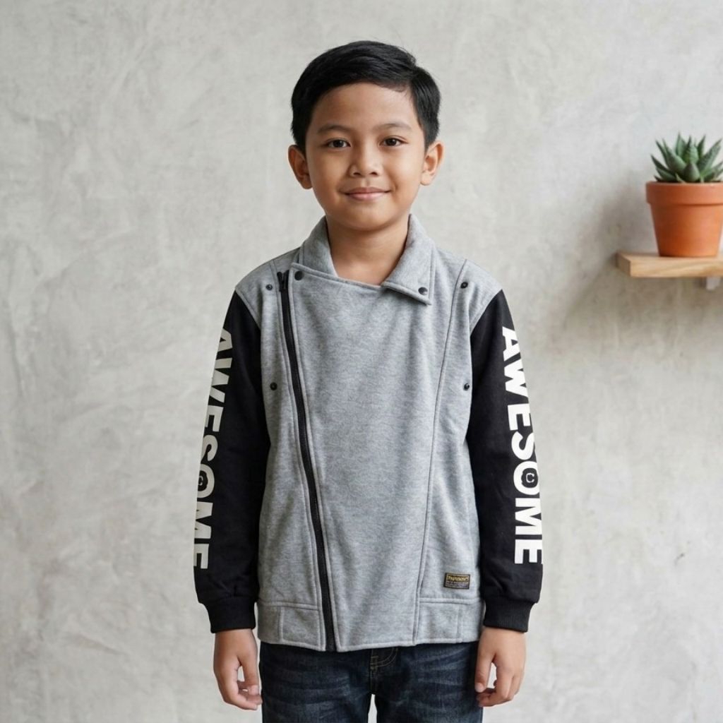 Jaket Anak Laki-Laki Keren Asimetris Bahan Fleece