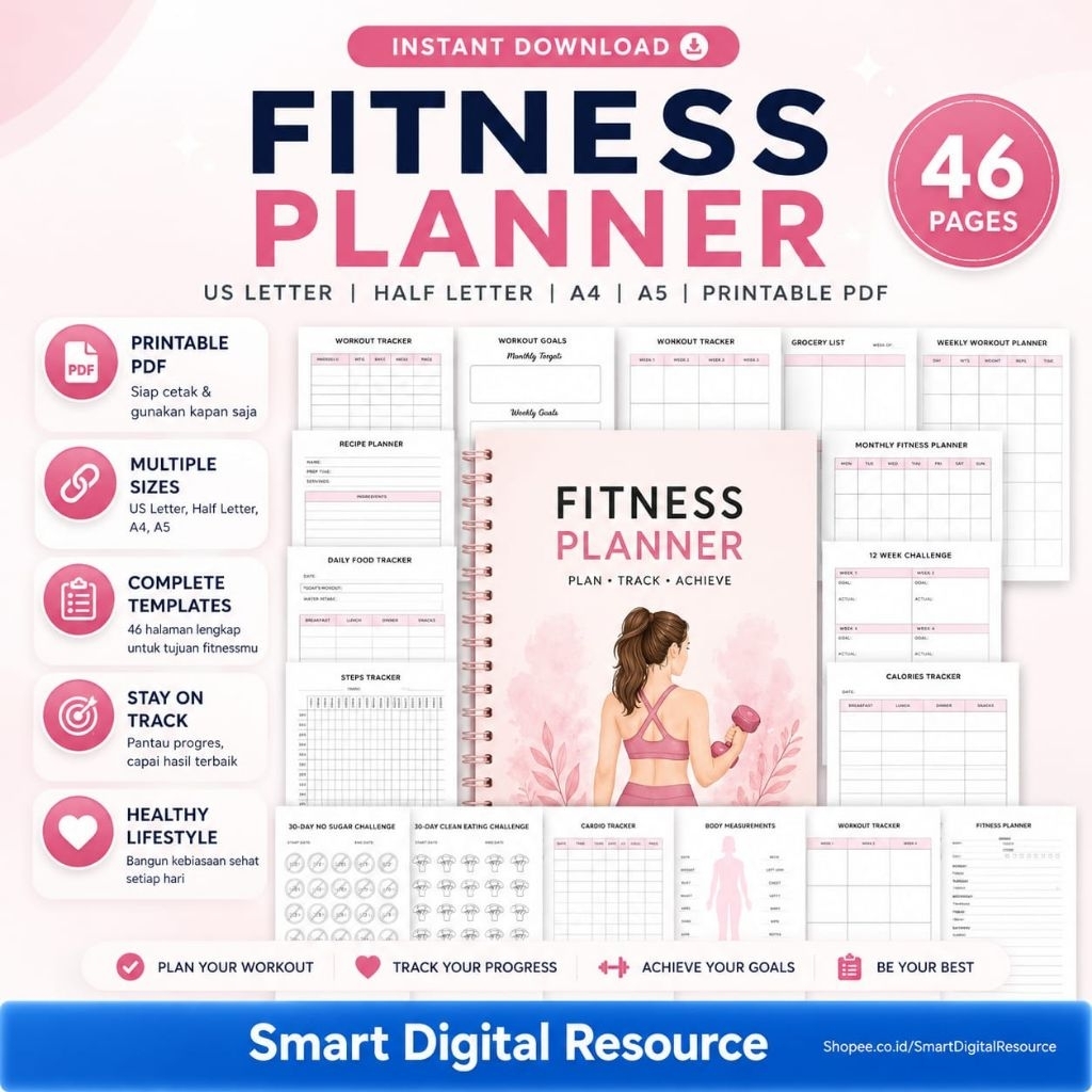 Printable Health and Fitness Planner Bundle, Fitness Journal, Diet, Workout Trackers, Meal planner |