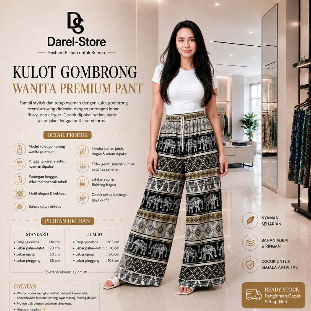 Celana Kulot Gombrong Wanita Jumbo Katun Motif Gajah Kain Bali Nyaman Panjang Etnik Hitam Pinggang K