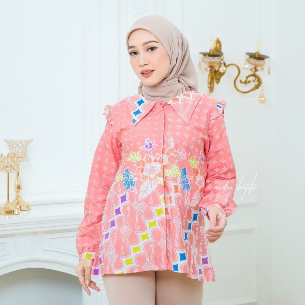 Audry Batik - Zalina 2 - Blouse Batik Kerja Wanita Panjang Hijab Modern Motif Kombinasi Pink Biru