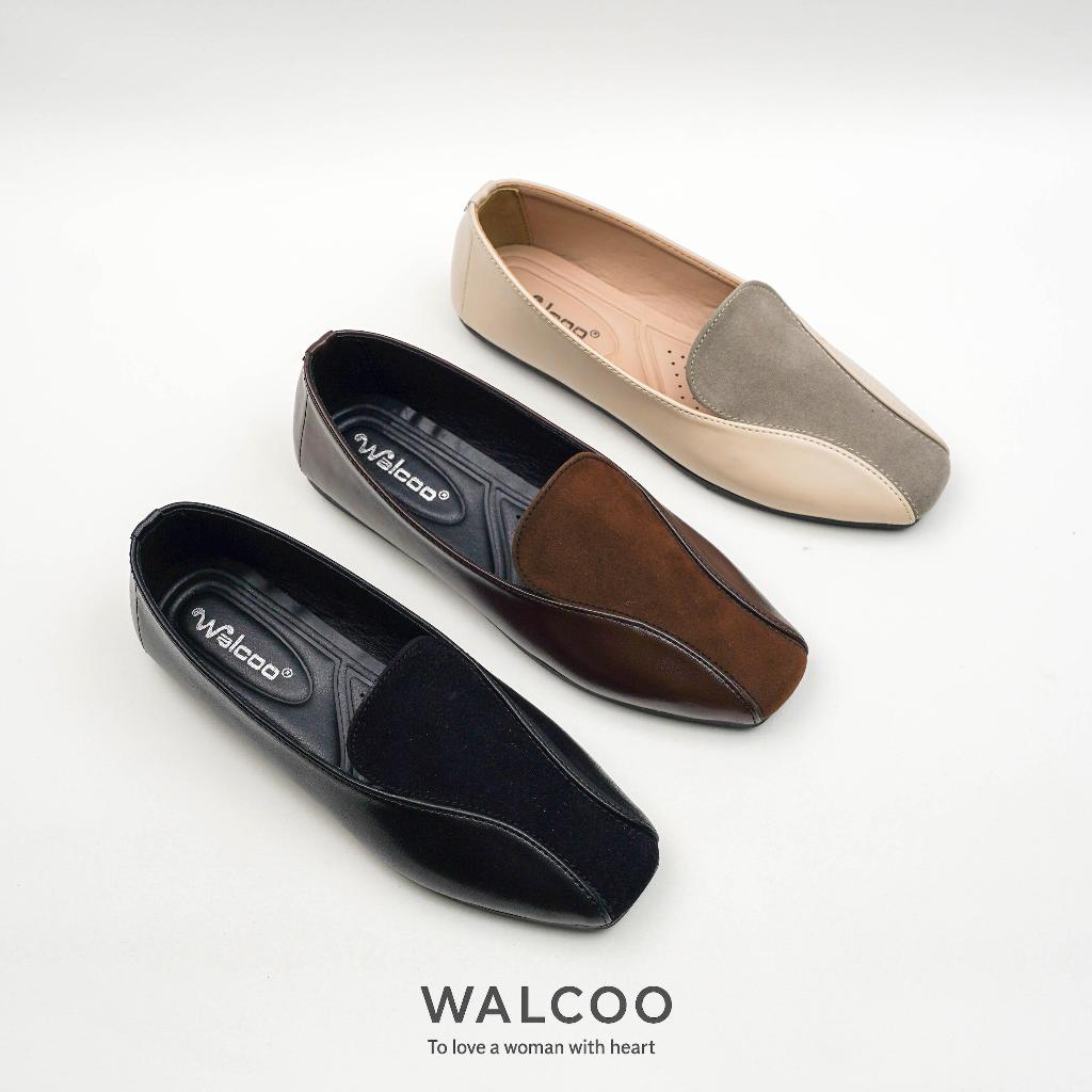 PO Walcoo Renova Sepatu Loafers Wanita Flat Shoes Square Toe Sintetis Leather Suede