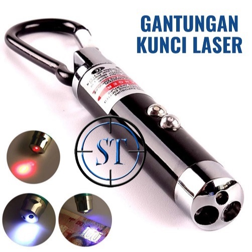 Red Laser Pointer Senter LED Flashlight UV 3in1 1mw 650nm Gantungan Keychain Kecil Mainan Mini