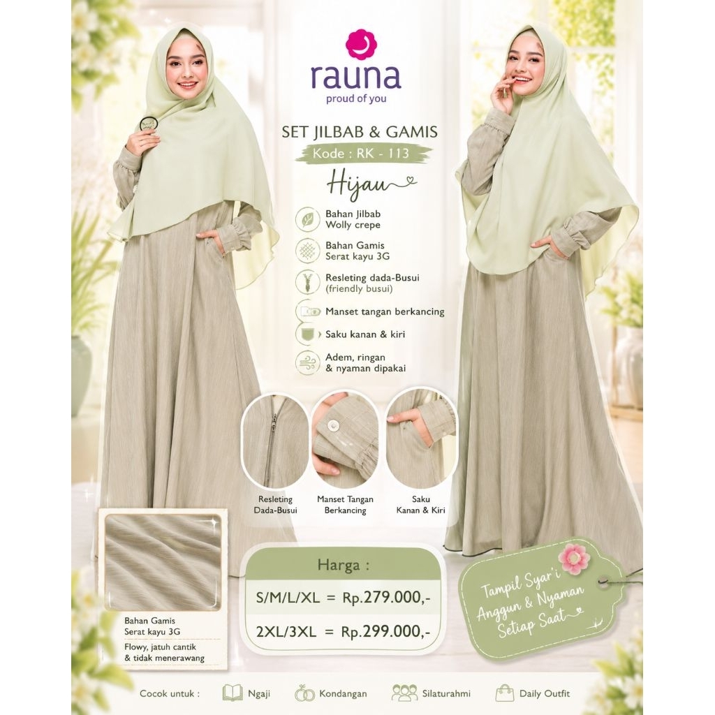 Raunapride RK 113 Hijau Set Gamis & Khimar Rauna Premium