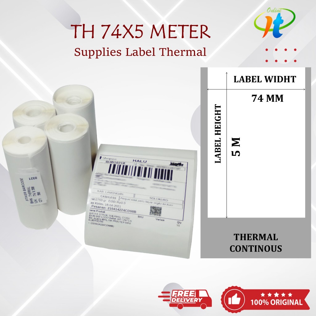 Stiker Label Thermal Continuous 74x5 Meter 80x40 74mm x 5 Meter Printer C8LP MT300 Cetak Resi Shopee