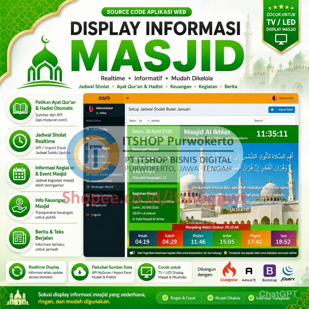 Source Code Aplikasi Web Display Informasi Masjid Jadwal Sholat