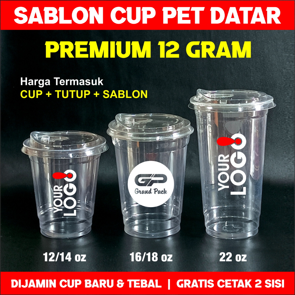 Cup PET 16 oz Datar | Cup Plastik PET 16 oz Datar + Tutup + Sablon