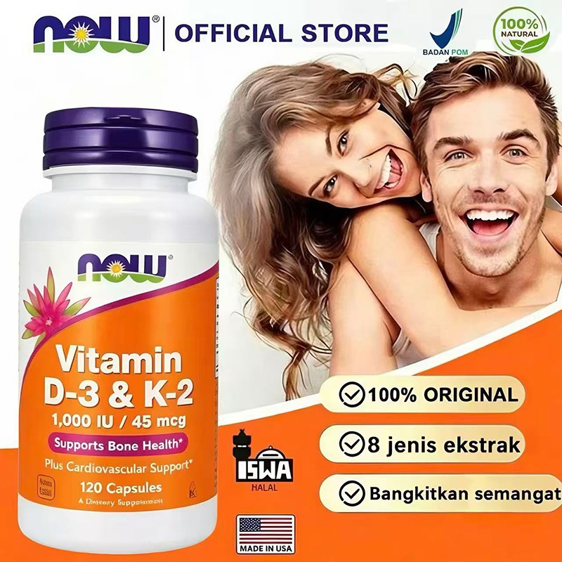 NOW Foods Vitamin D3 & K2 120 kapsul, mendukung kesehatan tulang, kardiovaskular dan imunitas